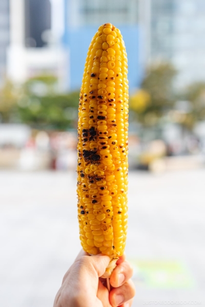 Charred Hokkaido sweetcorn glazed with soy sauce