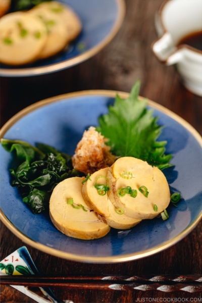 Ankimo served on a blue plate.