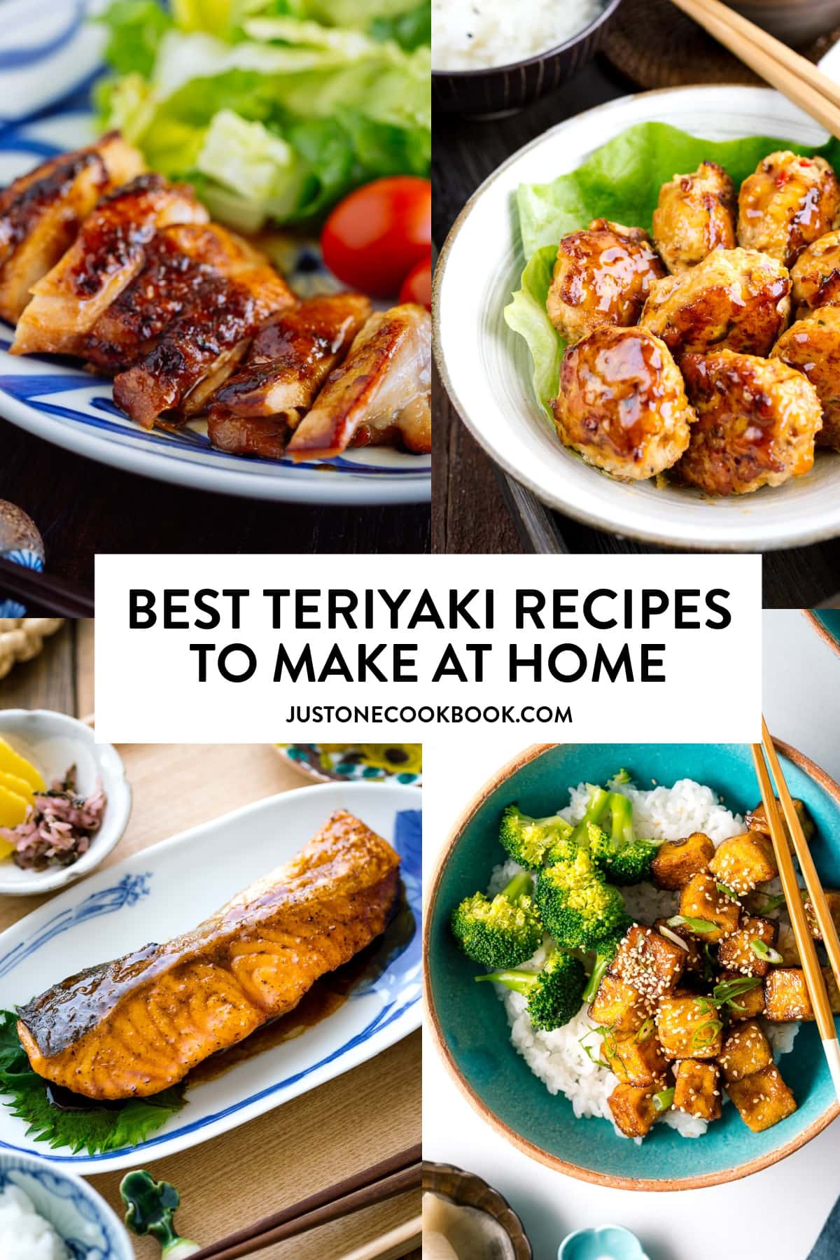 a collage of best teriyaki recipes, from chicken teriyaki to teriyaki salmon to teriyaki tofu