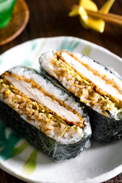 A plate containing Chicken Katsu Onigirazu.