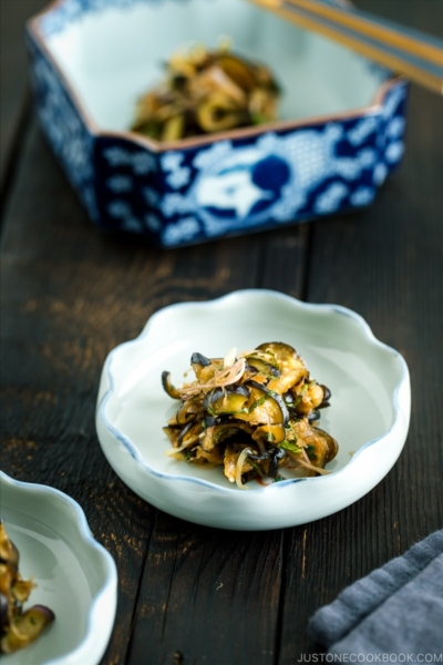 Eggplant and Myoga Salad in a boxed dish.