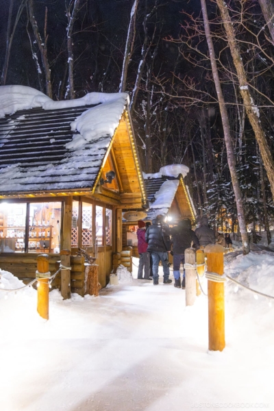 Wooden lodge shops covered in snow