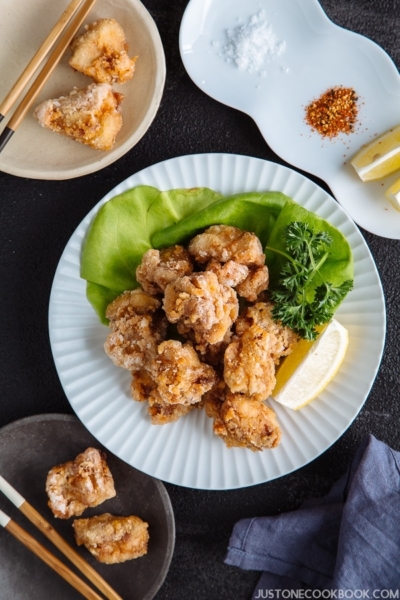 Gluten Free Karaage (Japanese Fried Chicken) on a white plate.