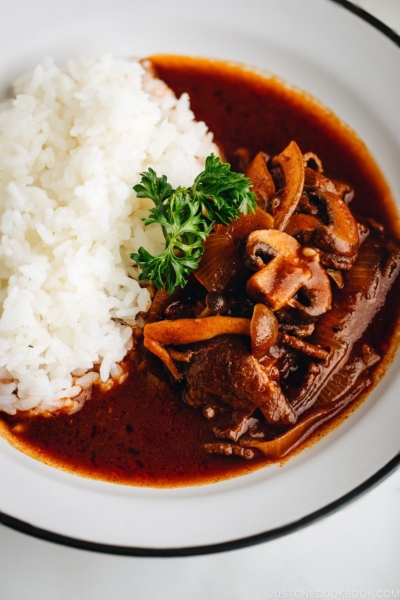 Hayashi Rice (Hashed Beef) served over rice.