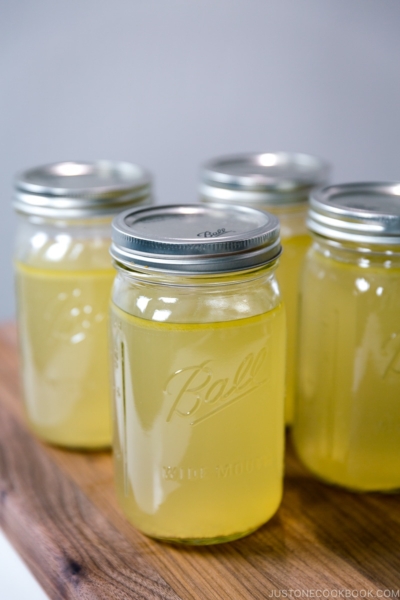 Homemade Chicken Stock in Mason jars.