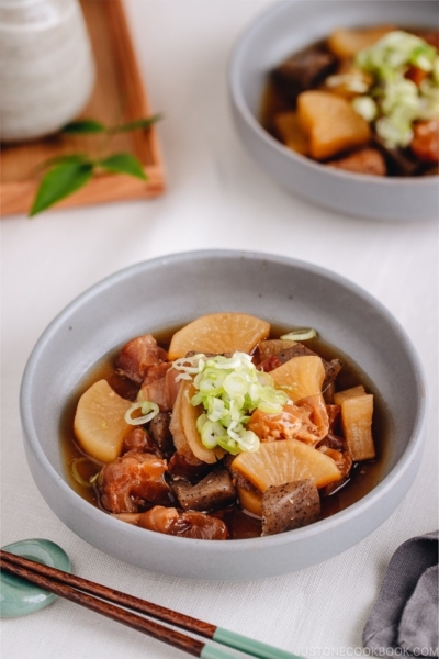 A grey dish containing Japanese beef tendon stew.