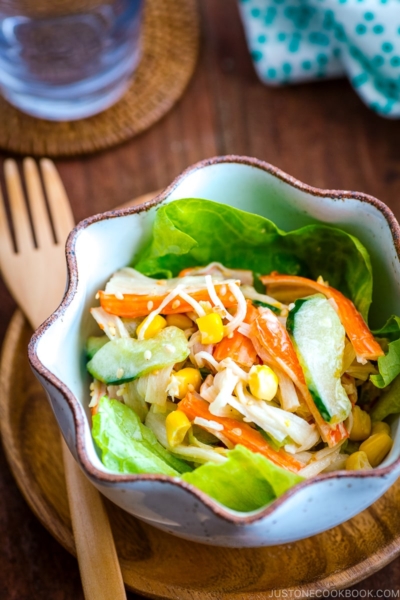 Japanese kani salad served in a bowl.