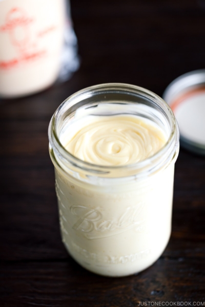 A mason jar containing homemade Japanese mayonnaise (kewpie mayo).