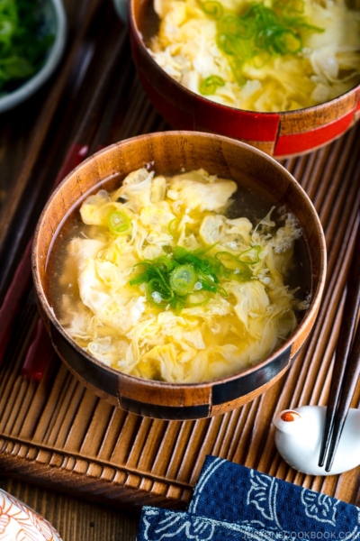 Wooden miso soup bowls containing Kakitamajiru, Japanese egg drop soup.