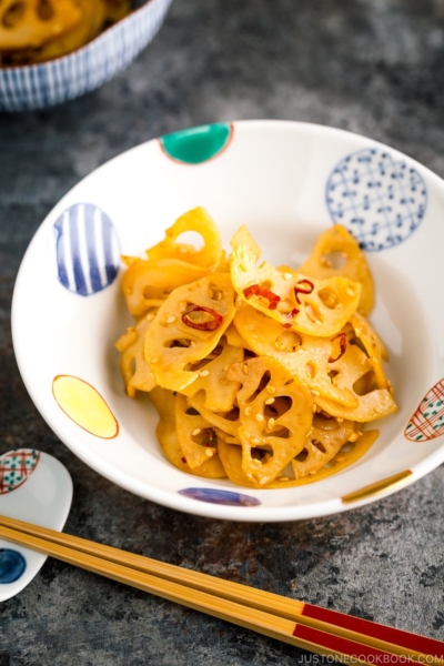 A Japanese bowl containing Kinpira Renkon (Lotus Root).