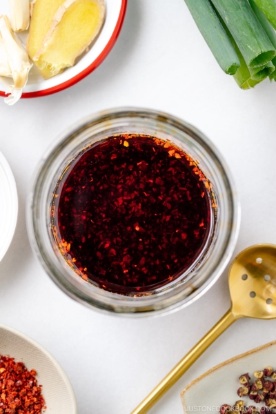 A mason jar containing Japanese Chili Oil (La-yu).