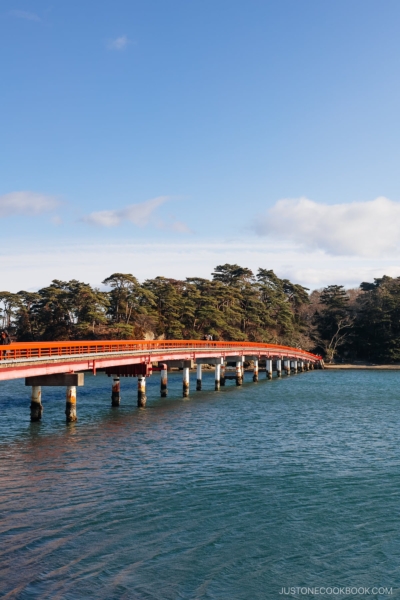 a red bridge leading to an island