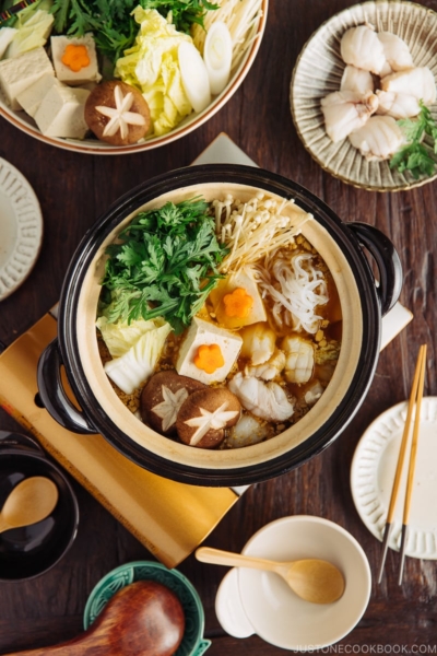 A donabe containing monkfish and vegetables.