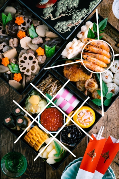 Osechi ryori in 3 tier boxes.