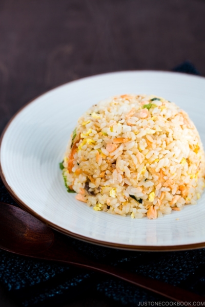 Salmon Fried Rice on a white plate.