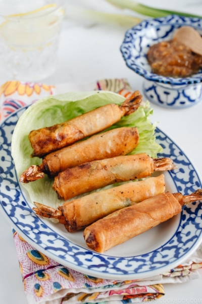 Shrimp Egg Rolls on a serving platter along with Negi Miso Sauce.