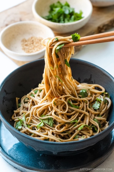 Chopsticks pulling noodles from a black bowl containing Soba Noodle Salad topped with sesame seeds and chopped cilantro and green onions.