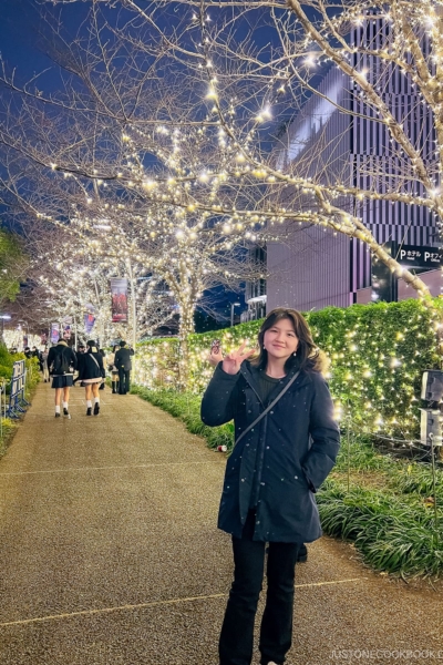 Family photo in front of illuminated trees