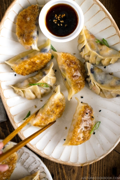 A white oval plate containing Vegetable Gyoza and dipping sauce.